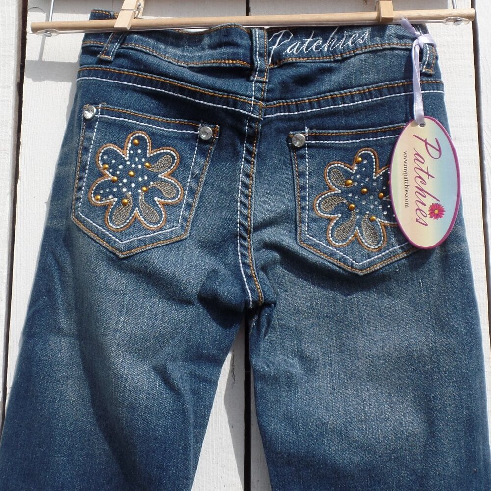 Patchies Denim Girls Jeans Rhinestone  * Flowers* Heart Size 8 NWT